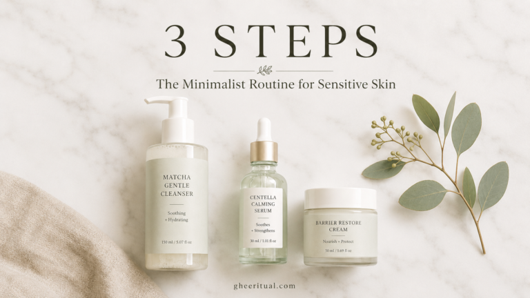 minimalist skincare routine for sensitive skin with three products on a neutral shelf