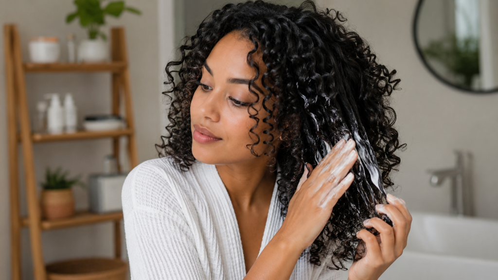 Woman following natural curl definition routine for frizz-free bouncy curls