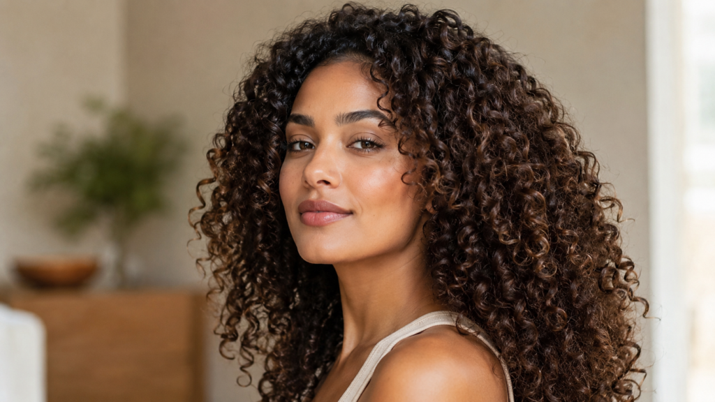 Woman with natural curl definition and frizz-free bouncy curls without silicones