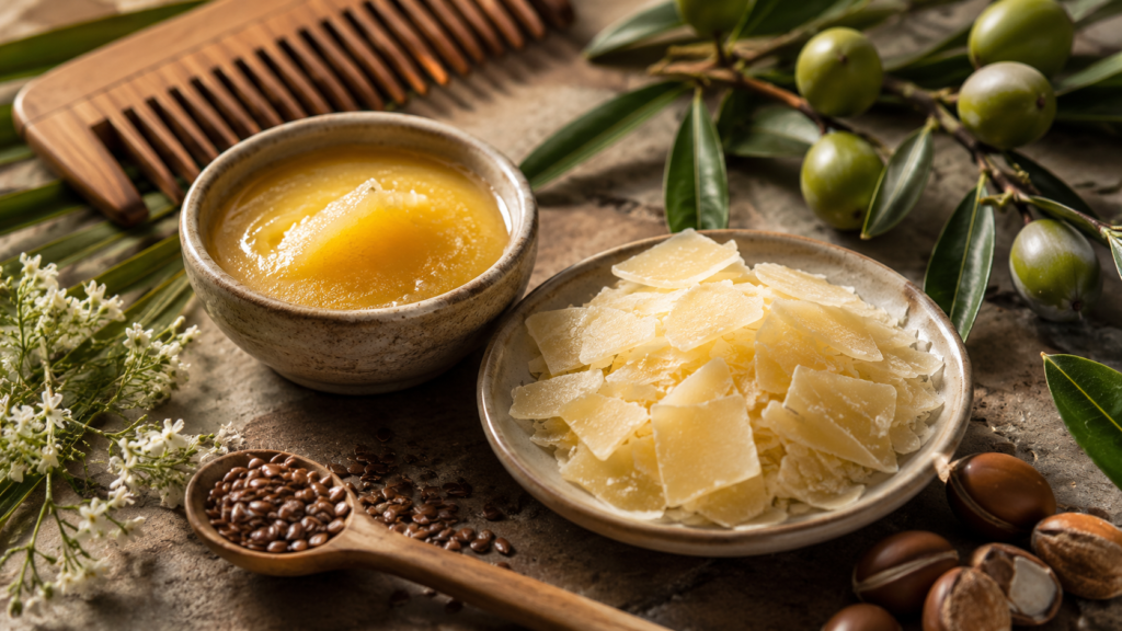 Natural hair wax ingredients for curl definition including ghee and carnauba wax