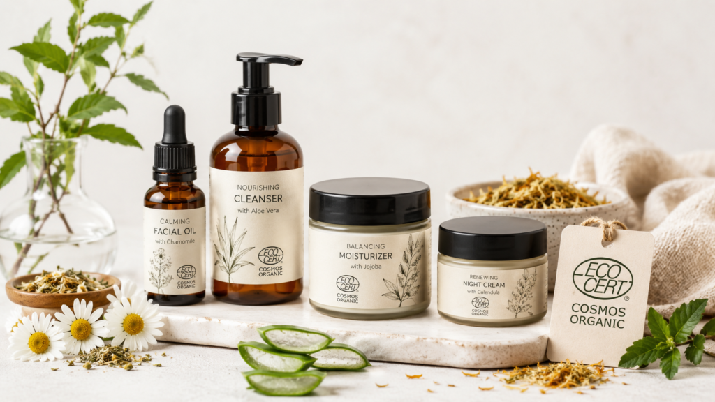 Natural organic skincare products with ECOCERT certification label on clean background
