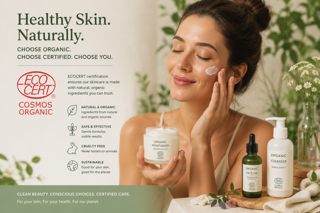 Woman with healthy skin using organic certified natural skincare products