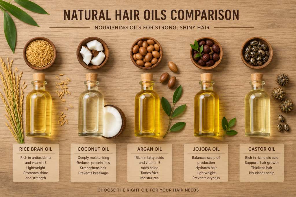 Natural hair oils comparison including rice bran oil for hair care flat lay