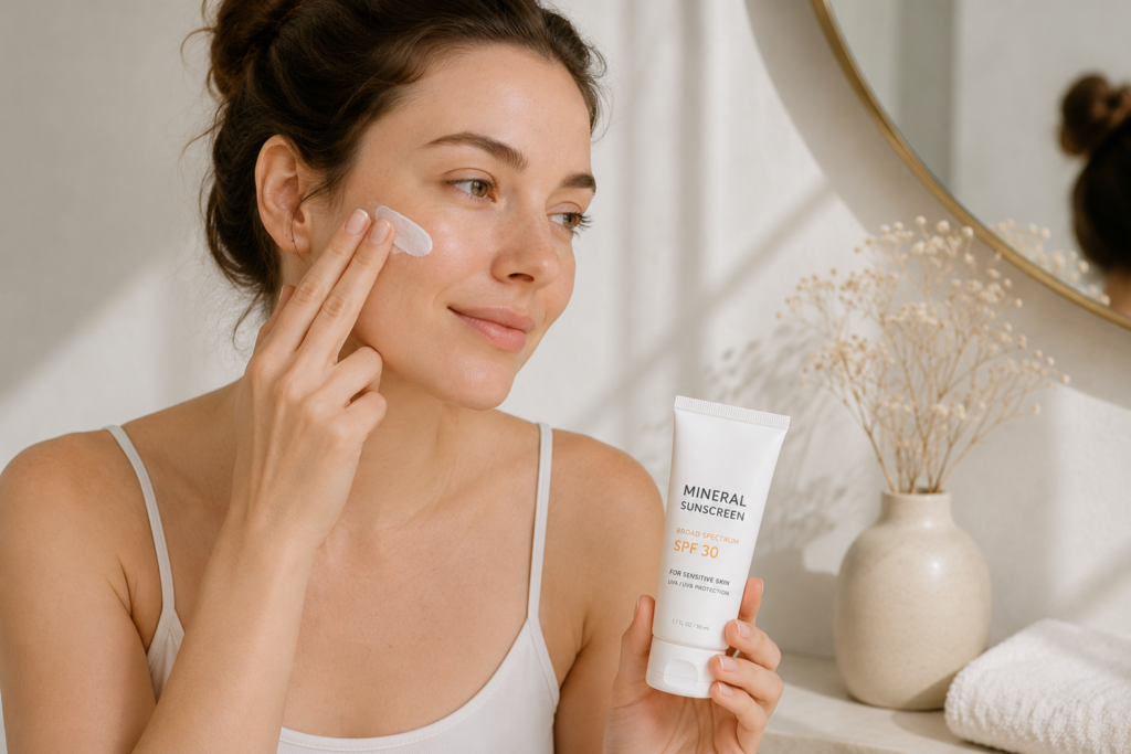 sunscreen as the morning step in a minimalist skincare routine for sensitive skin