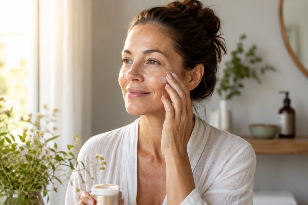 woman applying anti aging natural skin care in soft morning light