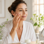 woman applying anti aging natural skin care in soft morning light