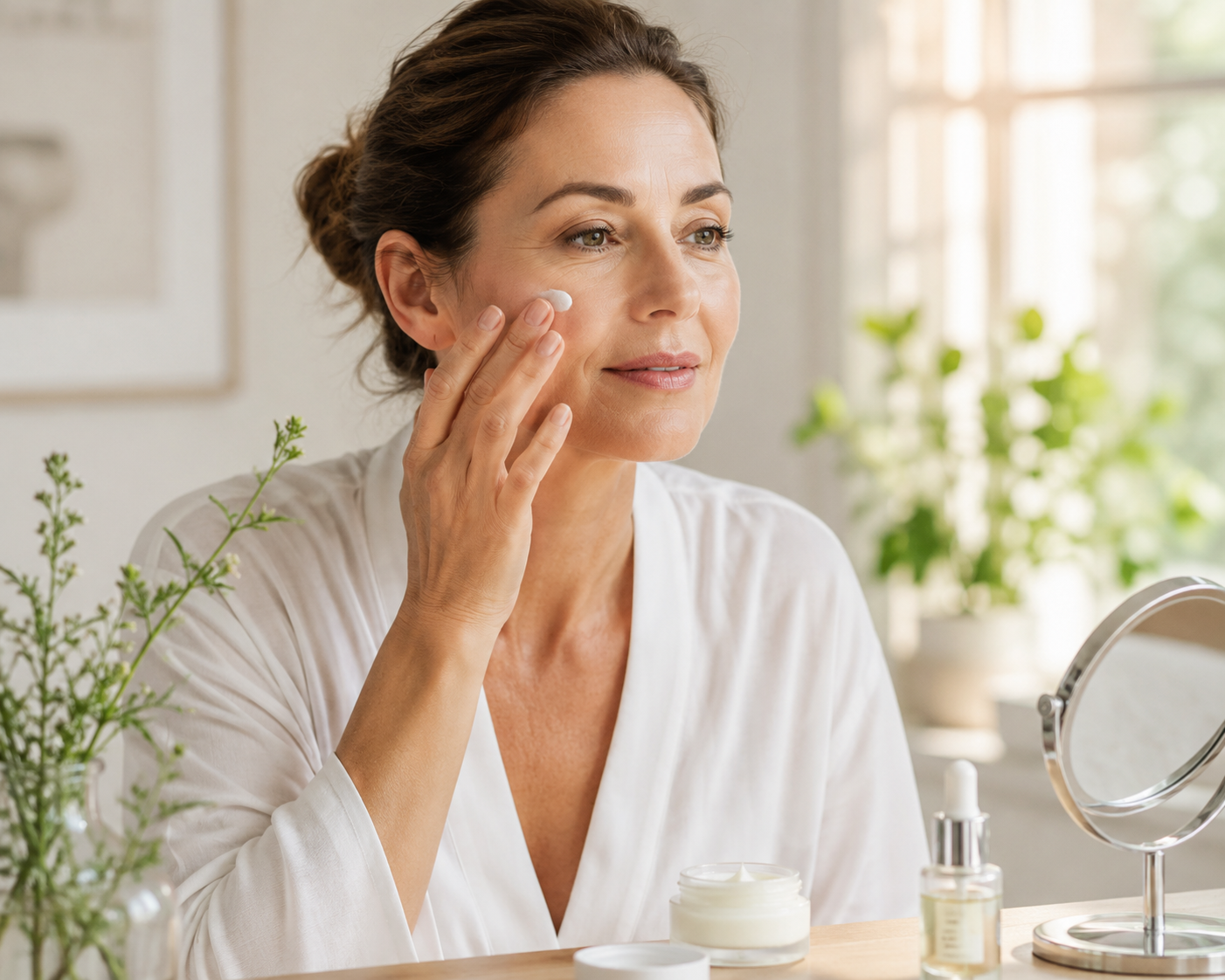 woman applying anti aging natural skin care in soft morning light