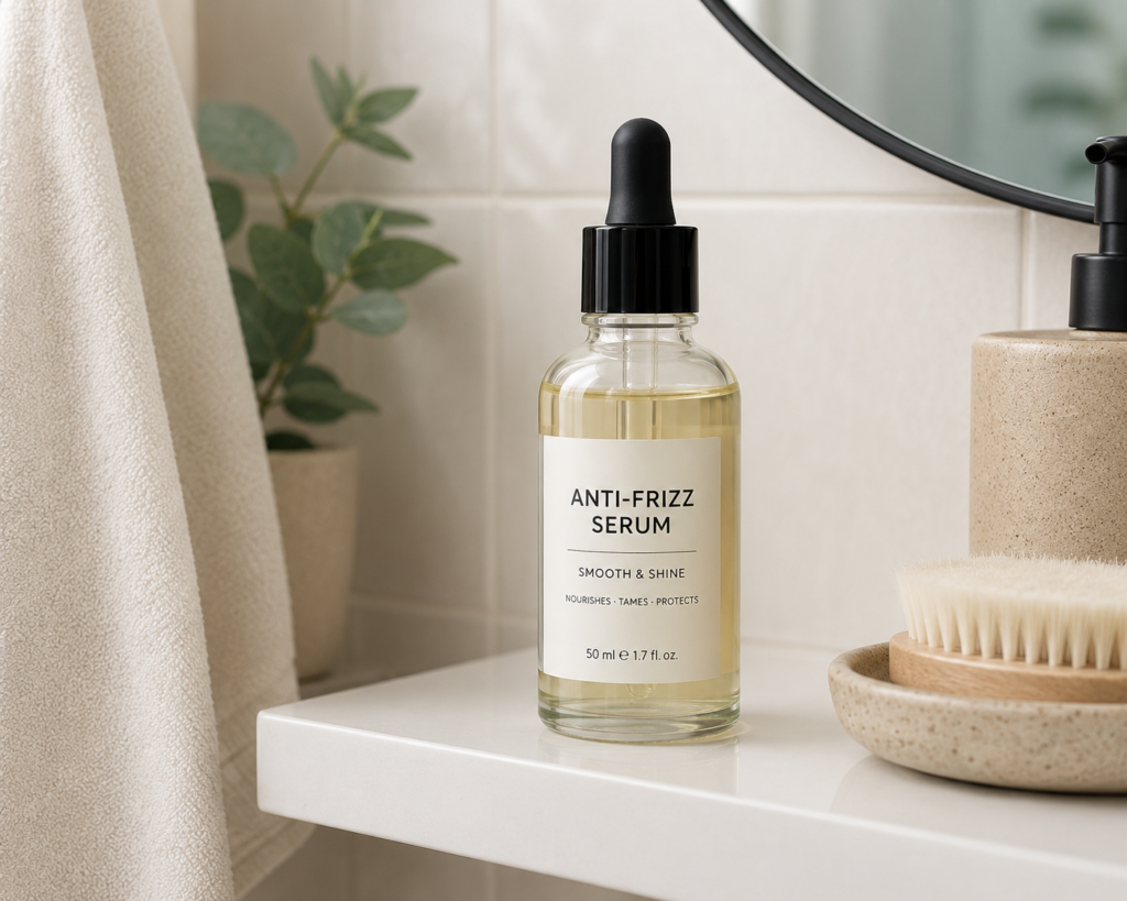 anti frizz serum in a glass dropper bottle on a bathroom shelf