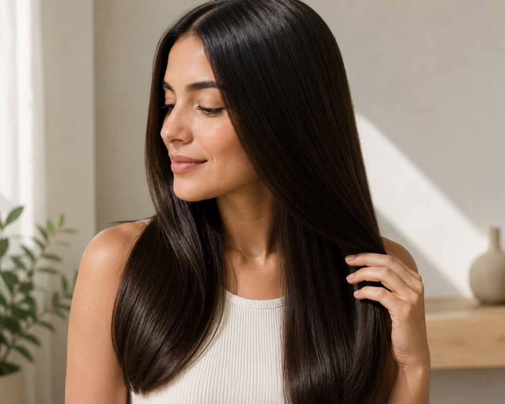 smooth frizz free hair after using an anti frizz serum