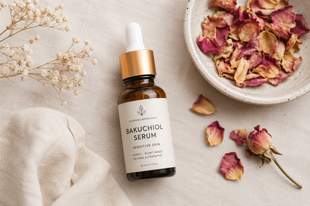 Bakuchiol serum bottle next to dried rose petals for a sensitive skin routine