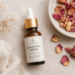 Bakuchiol serum bottle next to dried rose petals for a sensitive skin routine