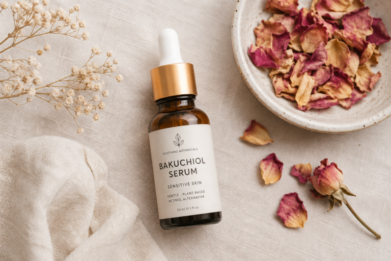 Bakuchiol serum bottle next to dried rose petals for a sensitive skin routine