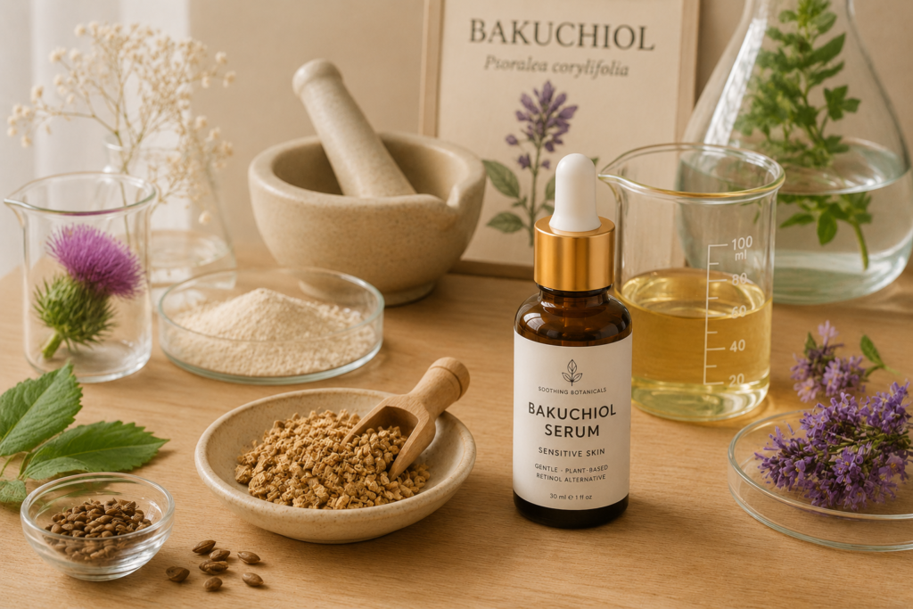 Natural skincare ingredients and a bakuchiol serum bottle on a wooden surface
