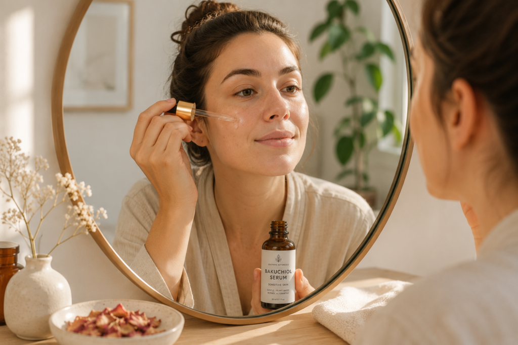 Woman applying a bakuchiol serum to sensitive skin in front of a mirror