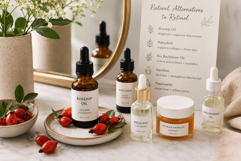 rosehip oil and other natural alternatives to retinol on a vanity